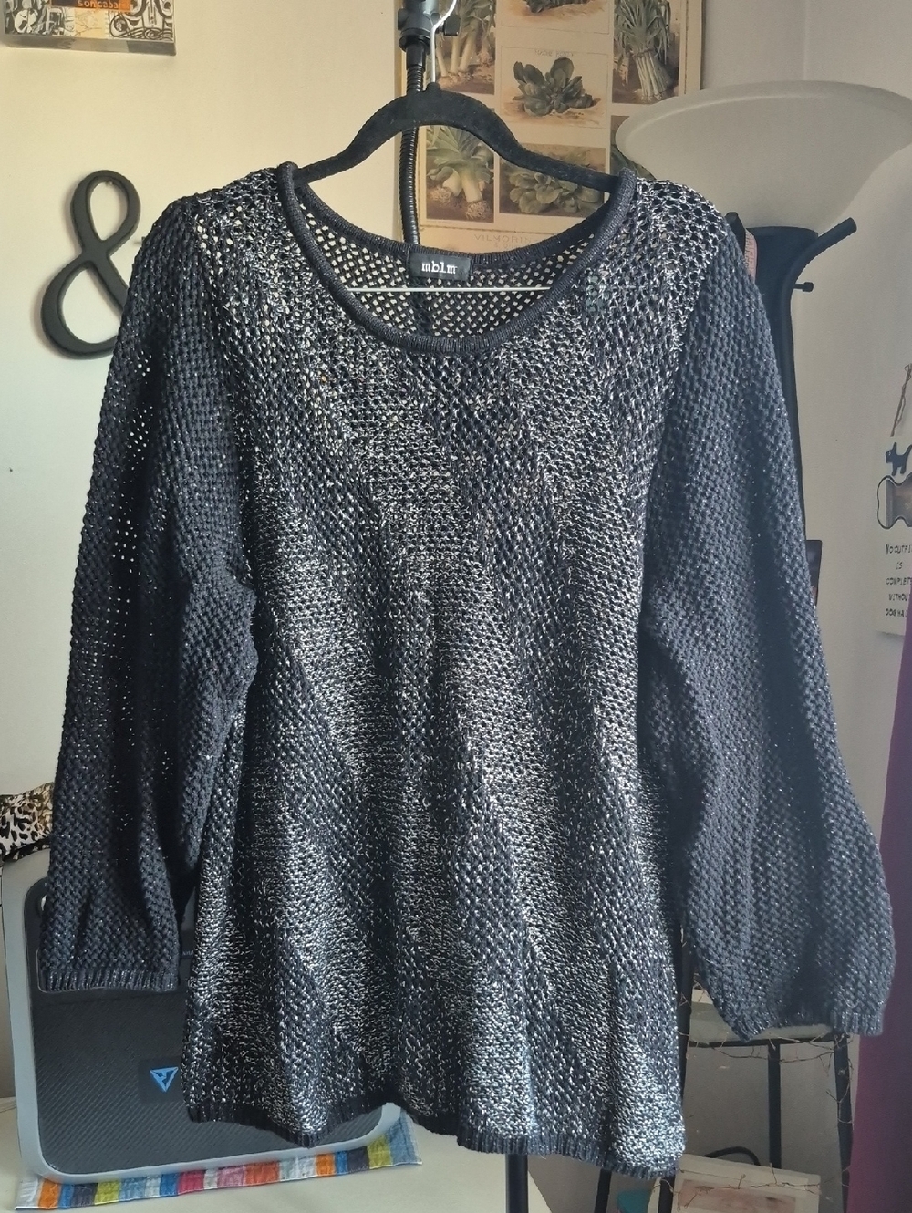 3X MBLM Black & Silver Open-Weave Scoop Neck Hollow Knit Sweater